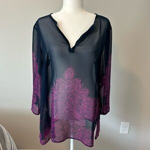 Beautiful, feminine, sheer navy blue and fuchsia blouse